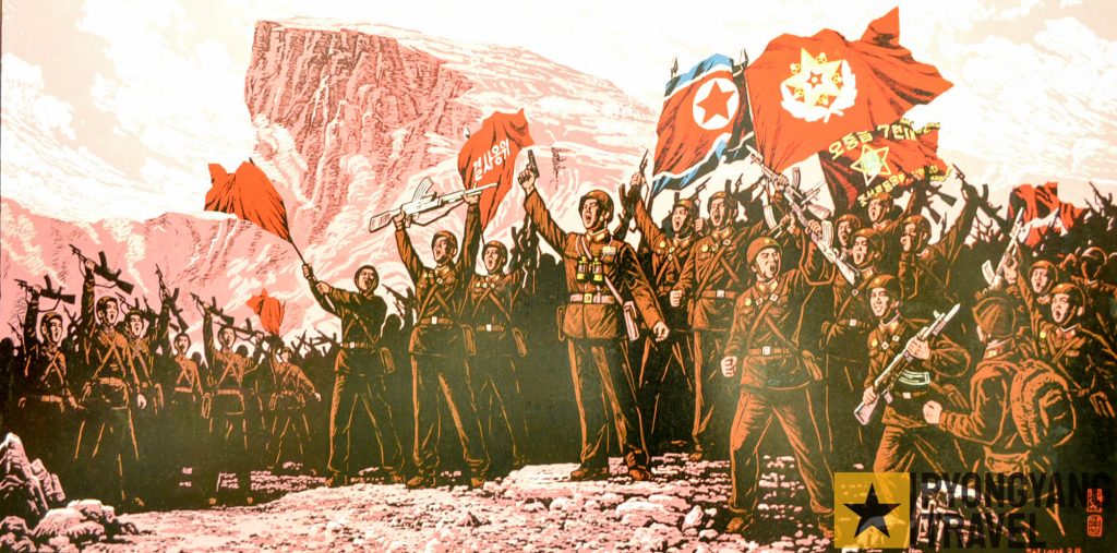 Soldaten schwenken die nordkoreanische Flagge